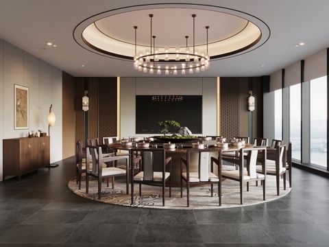 新中式餐饮包厢 包间 餐桌椅su模型