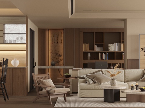 中古风客餐厅 大户型客餐厅 横厅客餐厅 沙发茶几组合 休闲椅su模型