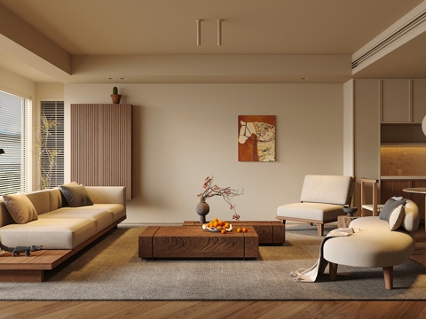 中古侘寂风客餐厅 沙发茶几组合 餐桌椅组合  饰品摆件 台灯su模型