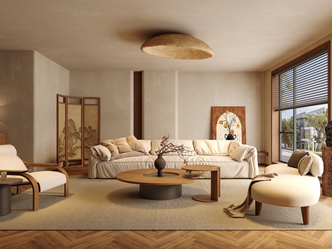 中古侘寂风客餐厅 沙发茶几组合 餐桌椅组合  饰品摆件 台灯su模型