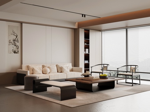 新中式客厅 沙发茶几组合 背景墙su模型