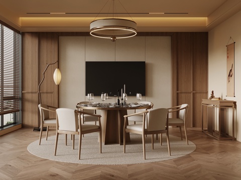 新中式餐饮包厢 包间 餐桌椅su模型