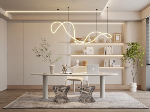 现代简约书房 书柜 书桌椅su模型