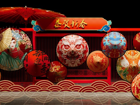 中式 美陈 元宵节美陈 国潮美陈 春节新年美陈 油纸伞美陈su模型