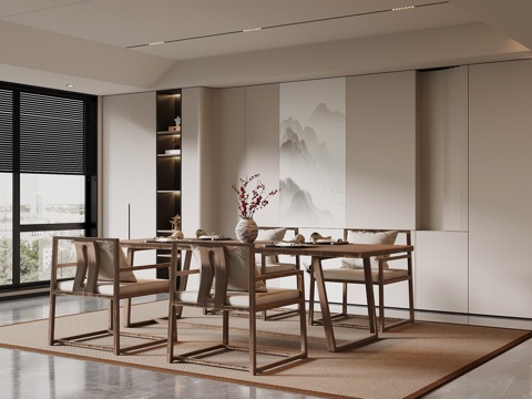  新中式餐厅 餐桌椅 背景墙3d模型 