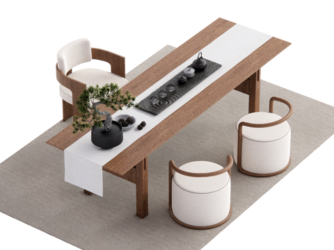 新中式茶台 茶桌椅su模型