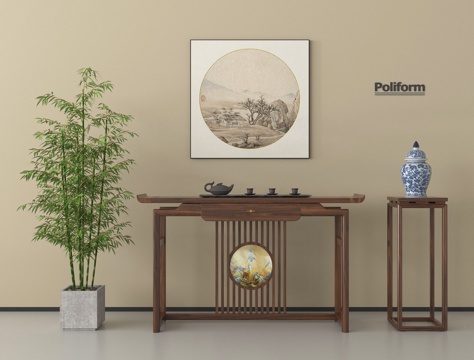 新中式端景条案 玄关桌  端景柜  挂画 盆栽绿植  花几su模型