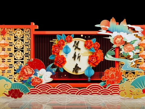 新中式 美陈 元宵节美陈 传统红灯笼 国潮美陈 春节新年美陈su模型