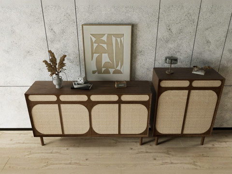 侘寂风藤编双柜储物柜 藤编柜门 边柜玄关柜su模型