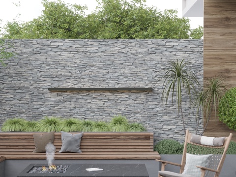  现代中古风庭院景观 石材围墙 柚木卡座 石材火炉 柚木休闲椅3d模型 