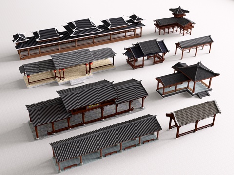 中式仿古景观长廊 连廊 木亭廊架 回廊 景观凉亭su模型