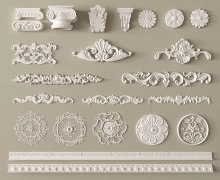 欧式雕花组合  石膏雕花 角花 柱头 灯盘 石膏构件su模型