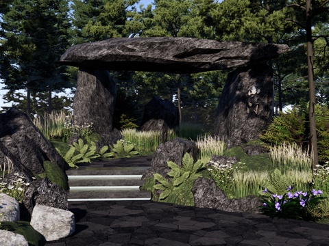 现代 石门 自然森林公园景观 石头森林峡谷 景观石头 山门su模型