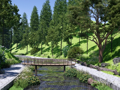 现代 公园 自然森林公园景观 林地溪涧 山谷溪流 置石河流su模型