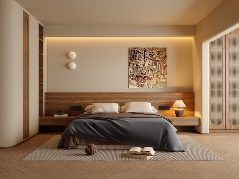 现代侘寂风卧室 无主灯主卧su模型