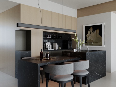  现代意式岛台餐厅 轻奢意式餐厅 开放式餐厅 岛台餐桌椅3d模型 