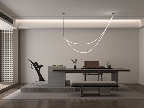 现代新中式茶室茶桌组合茶台su模型