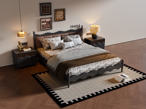  法式中古风双人床 实木双人床 床头柜 挂画 地毯3d模型 