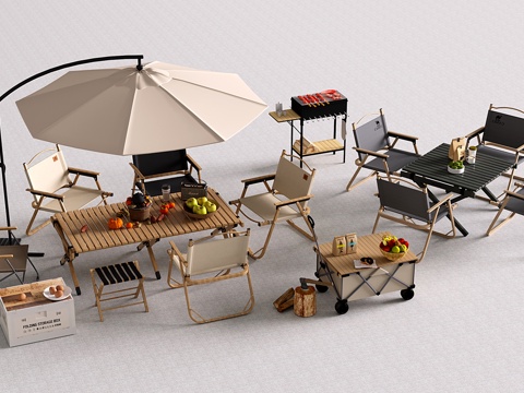 现代户外桌椅 露营桌椅 遮阳伞 户外椅 烧烤炉su模型