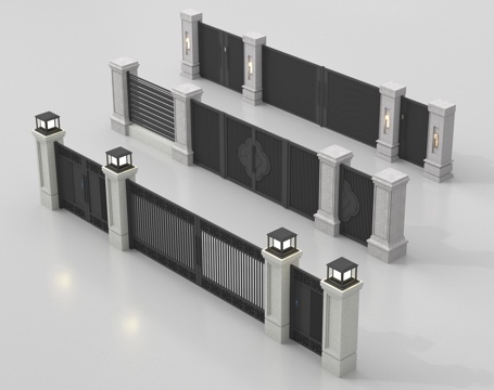 新中式庭院门 围墙 别墅大门 别墅庭院门 庭院铁门su模型