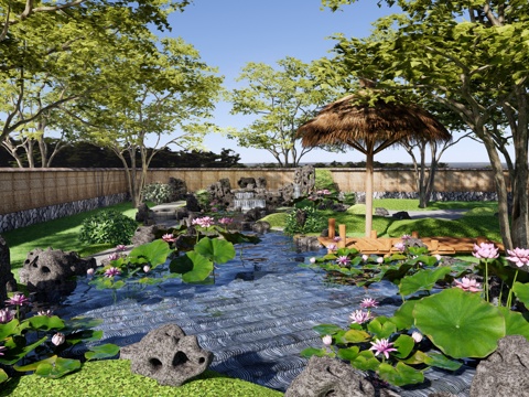 新中式 公园 荷塘滨水公园景观 假山叠水 跌水水景 园林庭园su模型