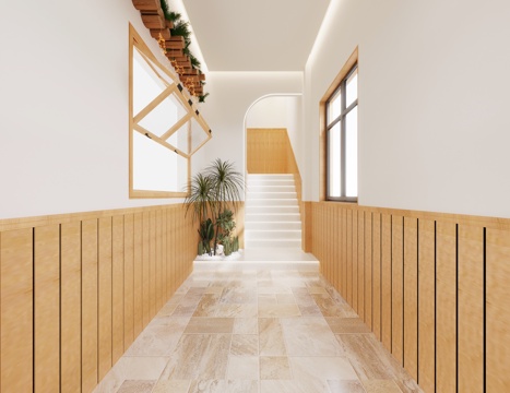 现代 奶油 过道 走廊 绿植造景 摆件 楼梯间su模型