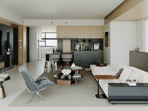 现代意式客餐厅 意式轻奢客餐厅 横厅大平层 沙发茶几组合su模型