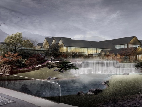 新中式山地度假酒店 野奢坡屋顶木屋 酒店建筑  酒店民宿su模型