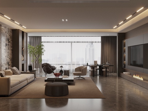 现代轻奢客厅 黑白灰客厅 样板间客厅 大户型客厅 意式客厅su模型