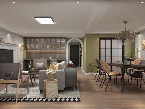  中古风客餐厅中古风厨房3d模型 