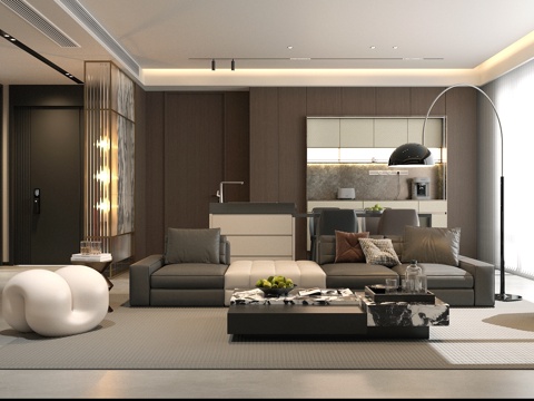 现代意式客厅 轻奢意式客厅 高级灰客厅 海派风客餐厅 沙发椅su模型