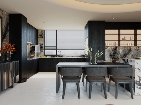 轻奢意式家居餐厅 大理石餐桌 开放式餐厅 无主灯餐厅 厨房su模型