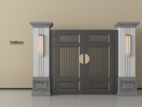 新中式庭院门 围墙 别墅大门 别墅庭院门 庭院铁门su模型