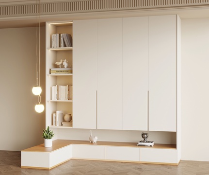 现代奶油风衣柜 书柜 床头一体柜su模型