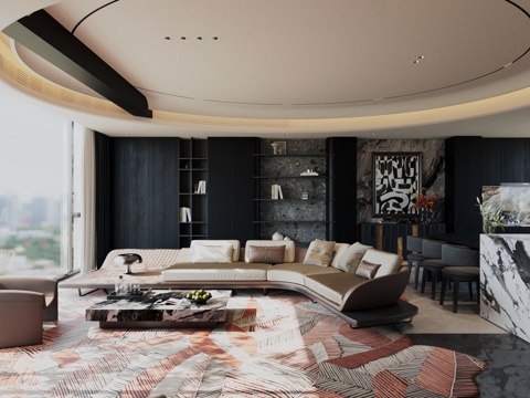 现代意式客餐厅 意式轻奢客餐厅 横厅大平层 沙发茶几组合su模型