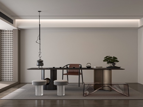 现代茶桌组合 茶室 茶台su模型