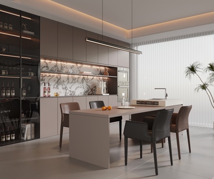 现代餐厅 餐桌椅 酒柜su模型