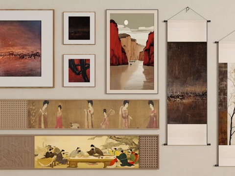 中古侘寂风挂画 新中式挂画  长条挂画  挂画组合su模型