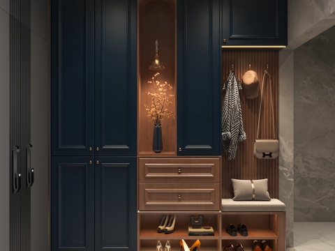 现代双开防盗门法式复古门厅鞋柜 法式南洋玄关鞋柜 女士鞋包摆su模型