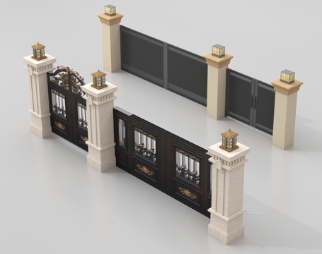 新中式庭院门 围墙 别墅大门 别墅庭院门 庭院铁门su模型