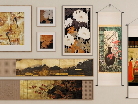 中古侘寂风挂画 新中式挂画  长条挂画  挂画组合su模型