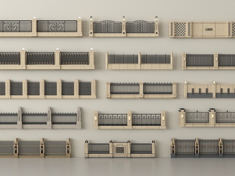  现代围墙围栏 围墙 庭院墙  小区围墙3d模型 