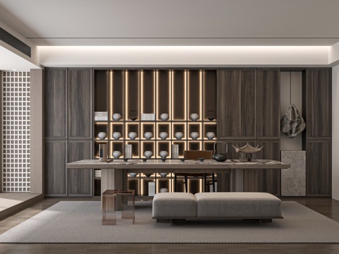 现代新中式茶室 茶桌组合 茶台su模型