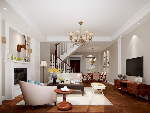  美式客餐厅 美式吊灯 美式餐桌椅 美式壁炉3d模型 