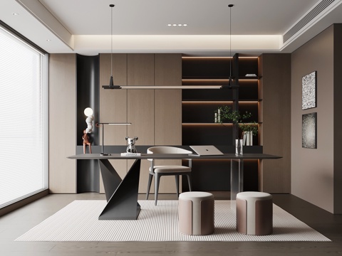 现代意式书房 书桌椅 书柜su模型