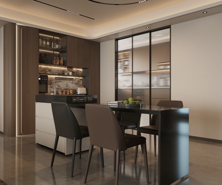 现代意式岛台餐厅 轻奢意式餐厅 开放式餐厅 岛台餐桌椅 餐椅su模型