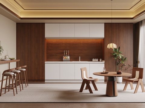 中古风茶水间 吧台 洽谈桌椅su模型