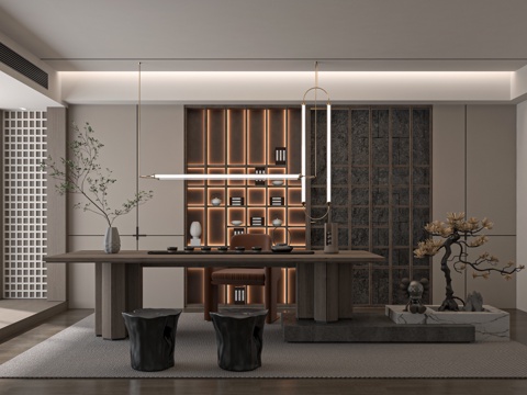 现代新中式茶室 茶桌组合 茶台su模型