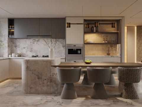 现代意式岛台餐厅 轻奢意式餐厅 开放式餐厅 岛台餐桌椅su模型