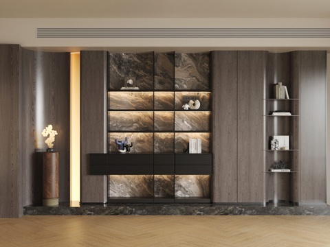 轻奢意式装饰柜 开放式收纳柜 客厅储物柜 客厅装饰柜 整排柜su模型